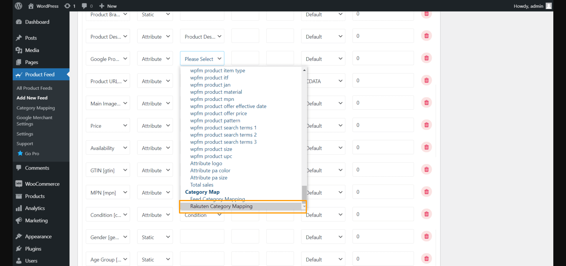 Product Feed Manager - Mappatura delle categorie del commerciante Rakuten
