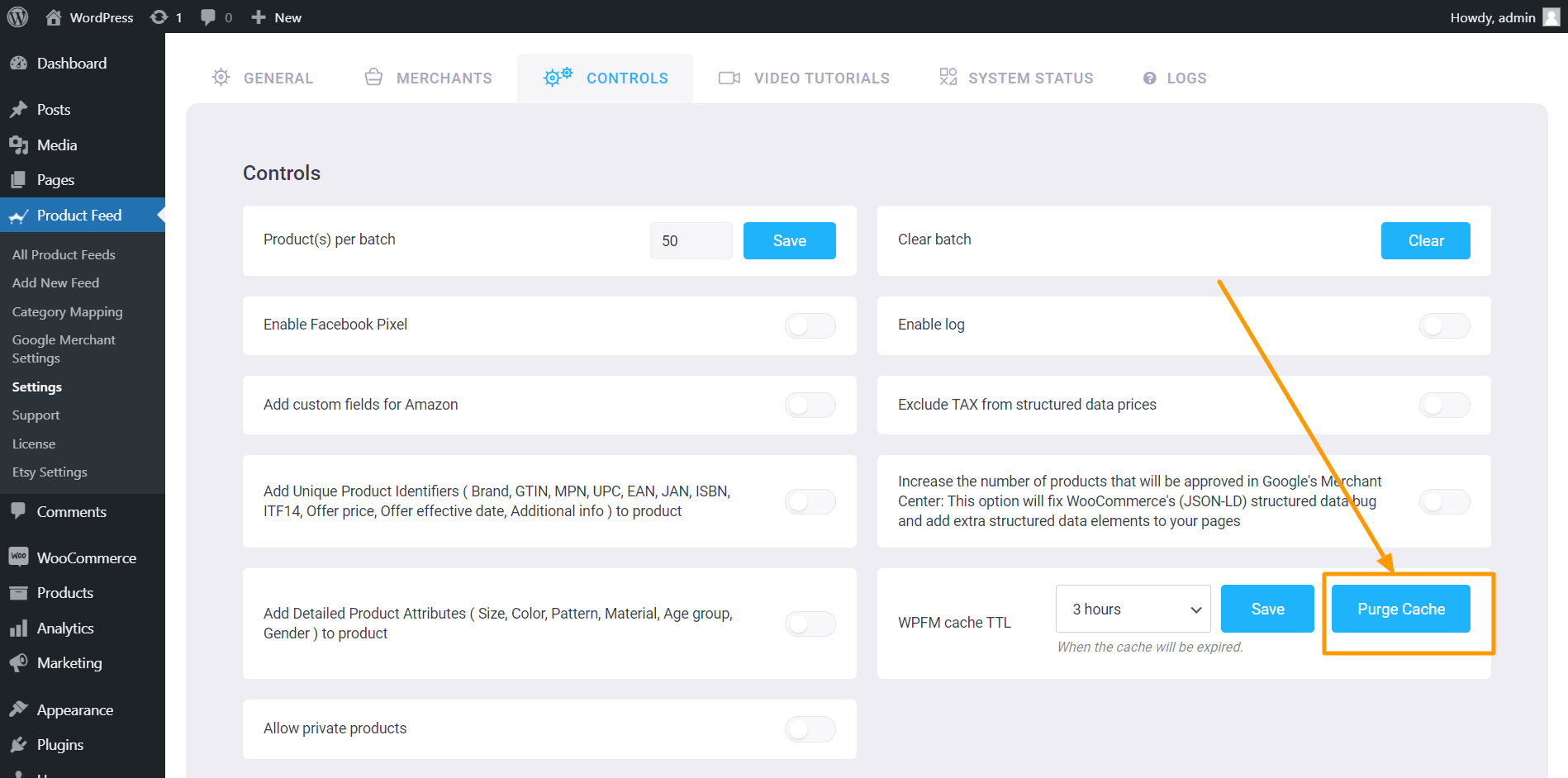 Gestione feed di prodotti Svuota cache