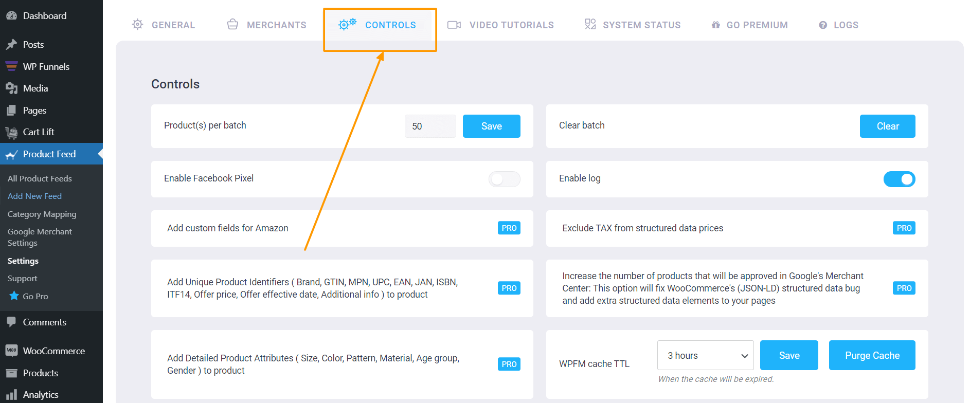 Gestione feed prodotto controlla le impostazioni