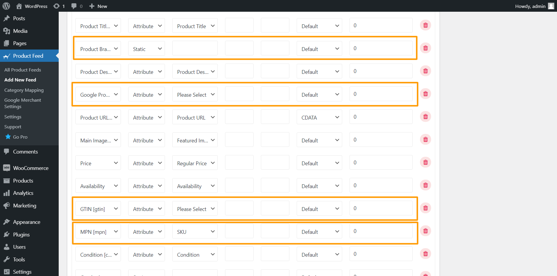Campi obbligatori Rakuten Commerciante - Marchio, Categoria prodotto Google, GTIN, MPN
