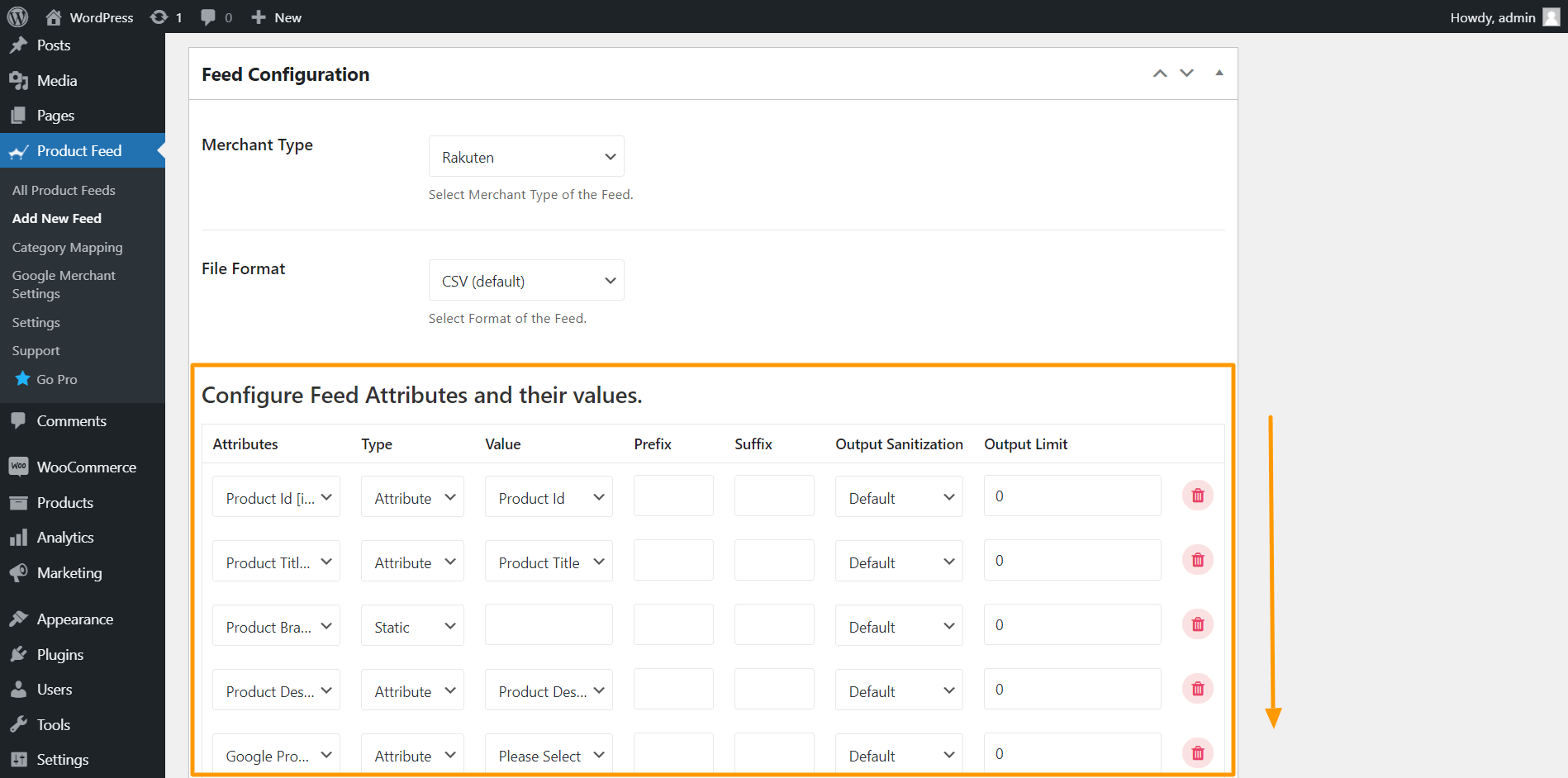 Attributi richiesti dal gestore del feed di prodotto Rakuten Merchant