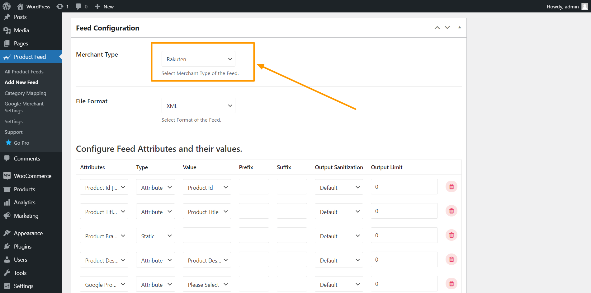 Product Feed Manager Seleziona Rakuten Merchant