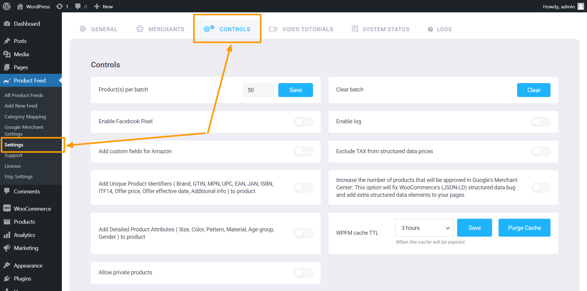 Impostazioni di Gestione feed prodotto