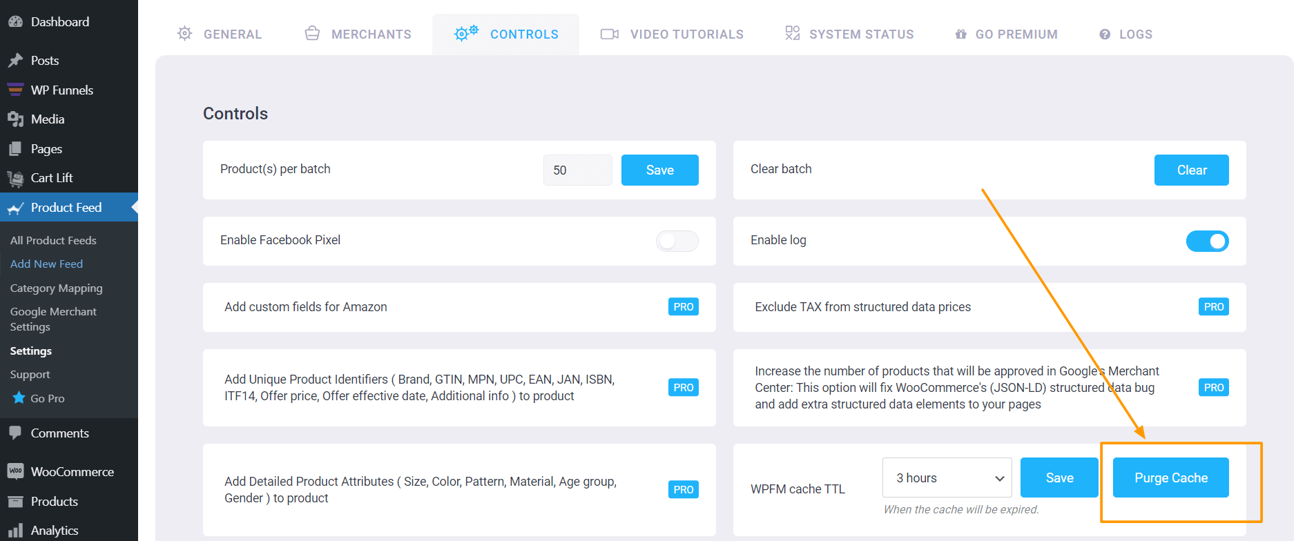 Gestione feed di prodotti Svuota cache