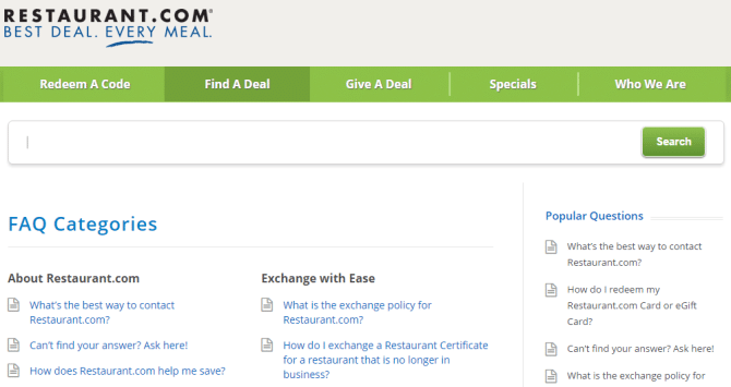 Basis pengetahuan di Restaurant.com secara preemtif menjawab pertanyaan pengunjung dan menyarankan pertanyaan populer di sidebar, juga!
