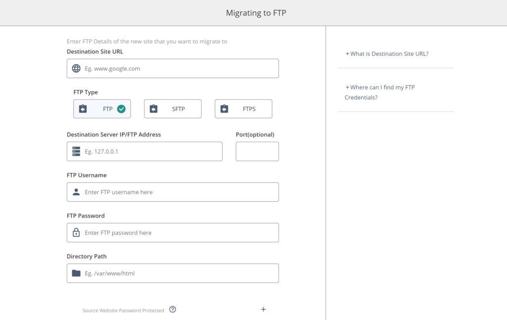输入 FTP 详细信息