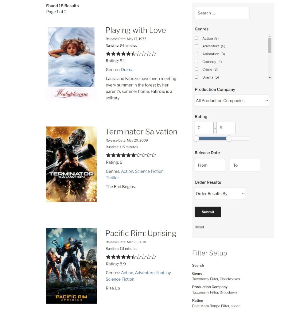 검색 및 필터링 WordPress 플러그인 예