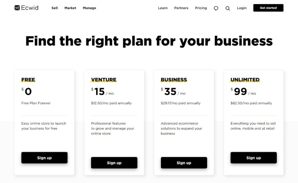 Ecwid 定價