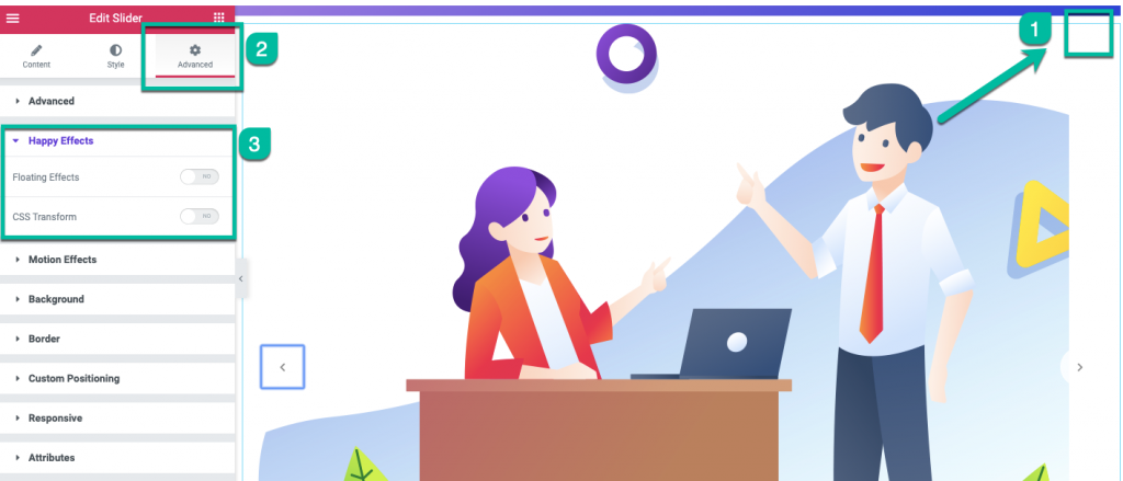 CSSコーディングなしでElementorで要素をフロートする方法5 Selecting happy effects with Happy Addons