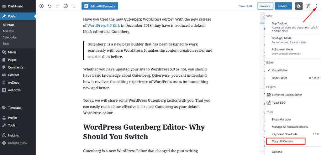 أكثر من 13 نصيحة سريعة لـ Gutenberg WordPress لتسريع سير عملك 8 copy-content