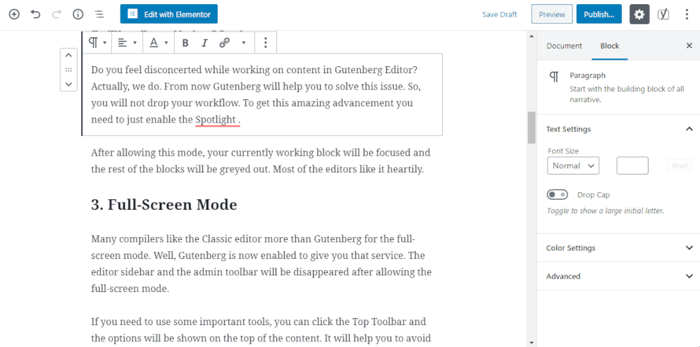 13+ نصائح جوتنبرج ووردبريس سريعة لتسريع سير عملك 4 Gutenberg editor Spotlight mode