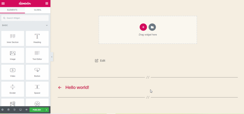 Elementorを使用してEase7でWebサイトを構築する方法 drag widgets in empty page