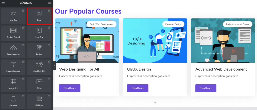 Come creare un sito Web di un corso online in WordPress utilizzando Elementor (Tutorial e guida alla pianificazione preliminare) 10 Add card widget to represent your popular courses in row