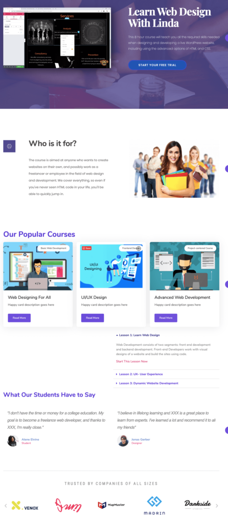 Come creare un sito Web di un corso online in WordPress utilizzando Elementor (Tutorial e guida alla pianificazione preliminare) 24 A quick glimpse of the course page we will build today