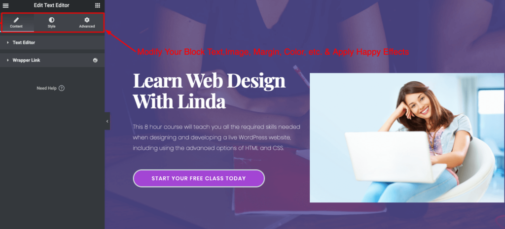 Come creare un sito Web di un corso online in WordPress utilizzando Elementor (Tutorial e guida alla pianificazione preliminare) 7 Modify your block design from left editing panel