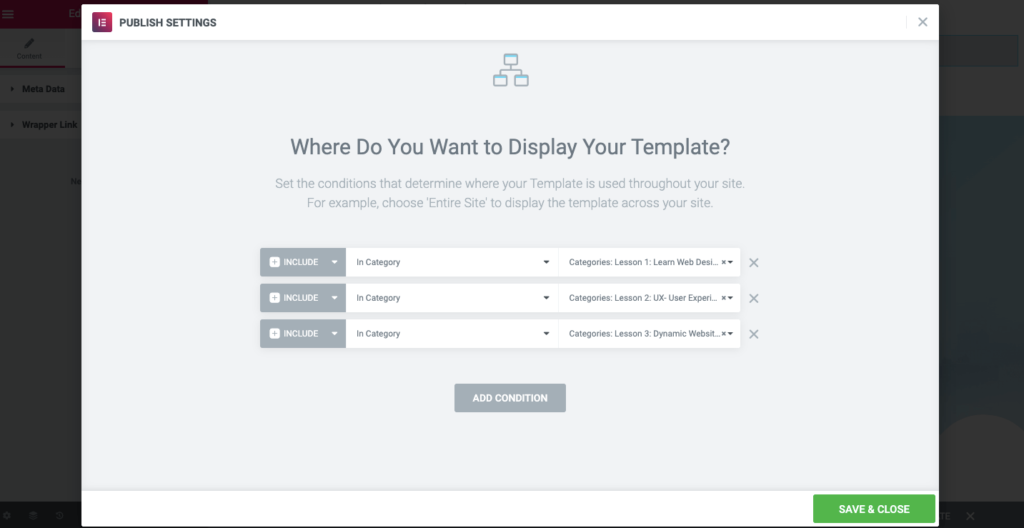 Come creare un sito Web di un corso online in WordPress utilizzando Elementor (Tutorial e guida alla pianificazione preliminare) 23 Display your template under a specific category