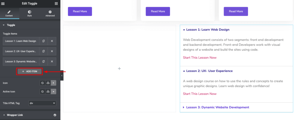 Come creare un sito Web di un corso online in WordPress utilizzando Elementor (Tutorial e guida alla pianificazione preliminare) 11 Add a toggle bar to link your lesson pages