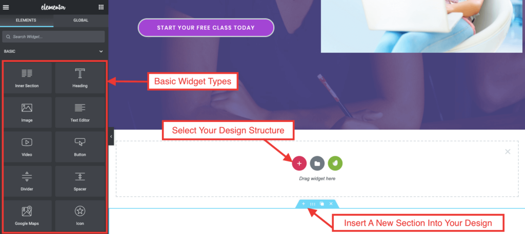 Come creare un sito Web di un corso online in WordPress utilizzando Elementor (Tutorial e guida alla pianificazione preliminare) 8 Drag and drop your required block type and customize your design