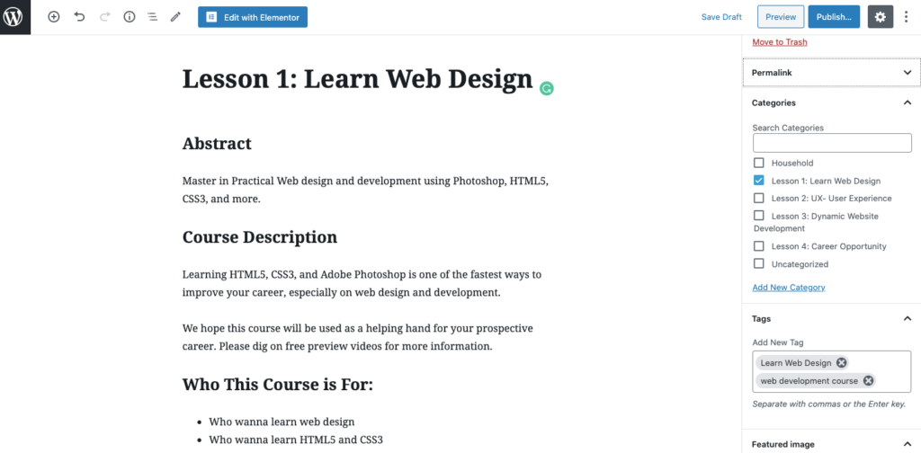Come creare un sito Web di un corso online in WordPress utilizzando Elementor (Tutorial e guida alla pianificazione preliminare) 14 Customize the content of your course lesson