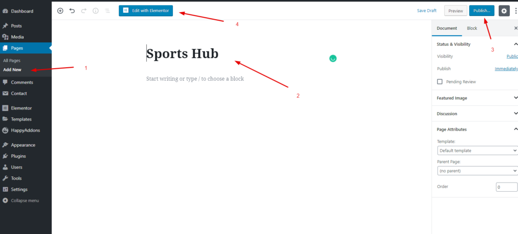 Jak zbudować witrynę sportową w WordPress za pomocą Elementora 3 Adding page 1