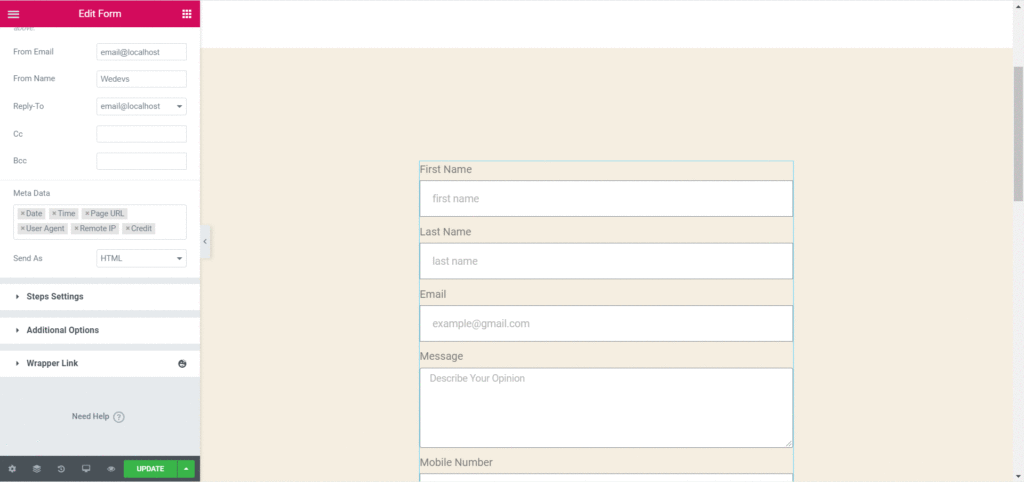 创建 Elementor 联系表 8 的终极指南 Step 5: Setting Elementor Contact Form for Custom Messaging