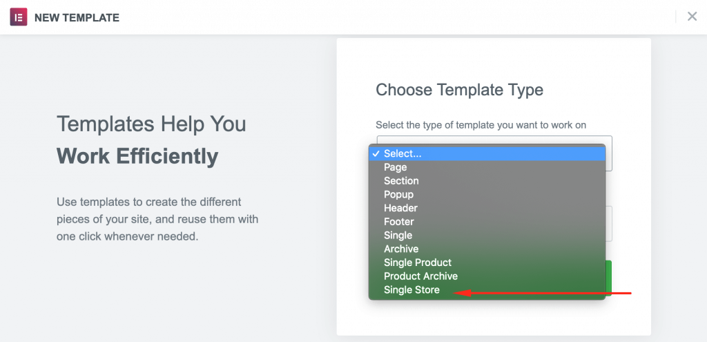 如何使用 Elementor 6 構建 WooCommerce 商店頁面 choose-template-type