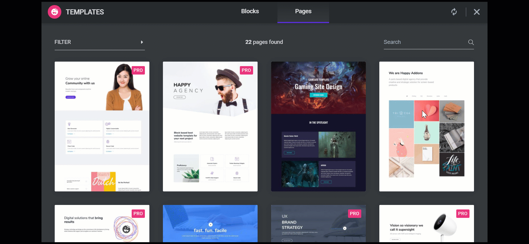 Presentazione dei modelli di modifica a pagina intera di Happy Addons 5 Full page editing templates gif