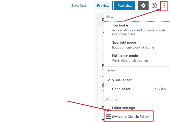 Gutenberg Block Editor 8に関するよくある質問(FAQ)への回答 switch to classic editor