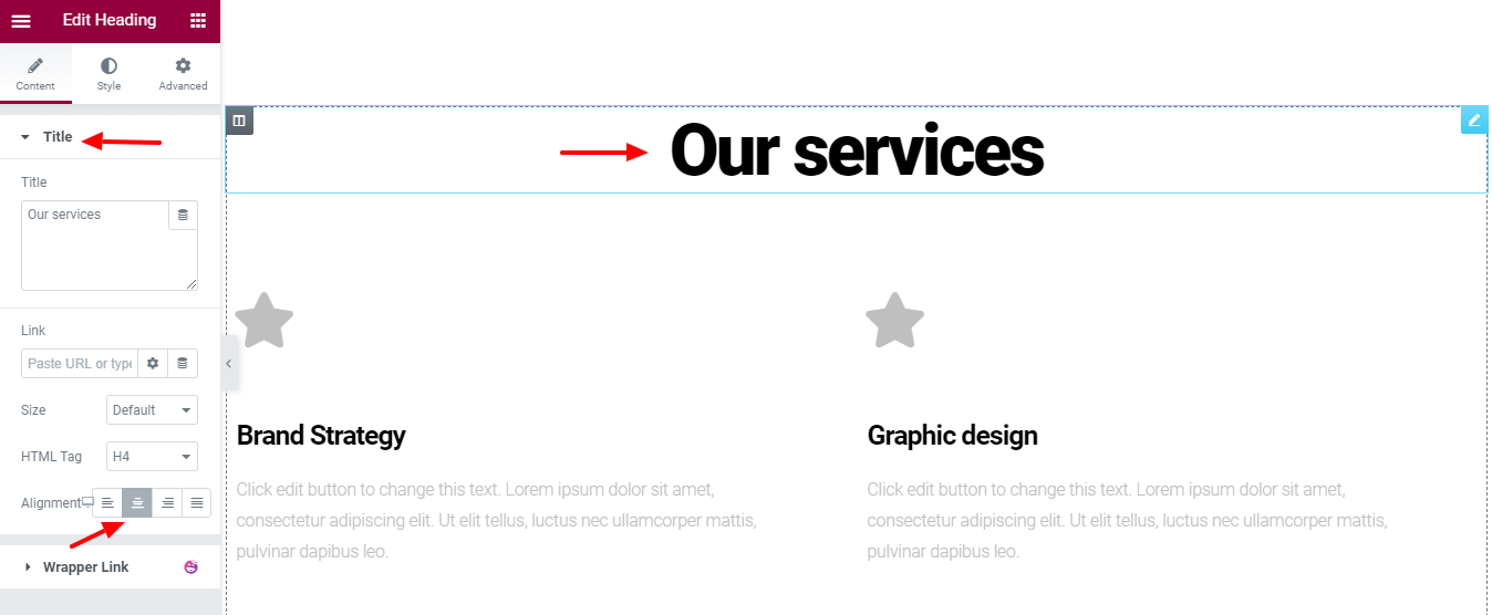 كيفية استخدام قوالب موقع ويب Elementor المجانية 9 Edit our service title 1