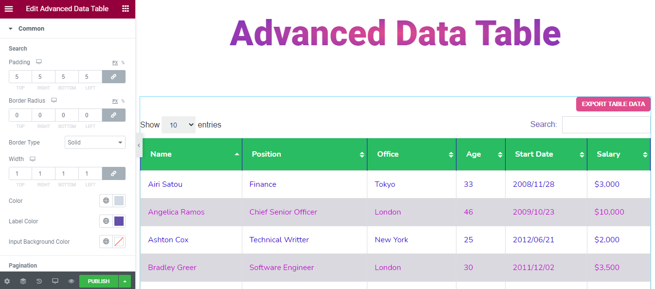 Elementor Webサイトで高度なデータテーブルウィジェットを使用する方法(5つの簡単なステップ)6 Style Common Settings of Advanced-Data Table