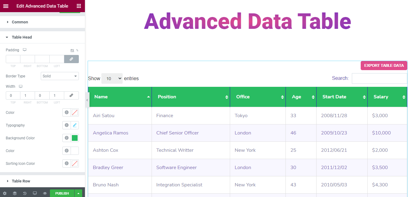 Elementor Webサイトで高度なデータテーブルウィジェットを使用する方法(5つの簡単なステップ)7 Style Data Table Head