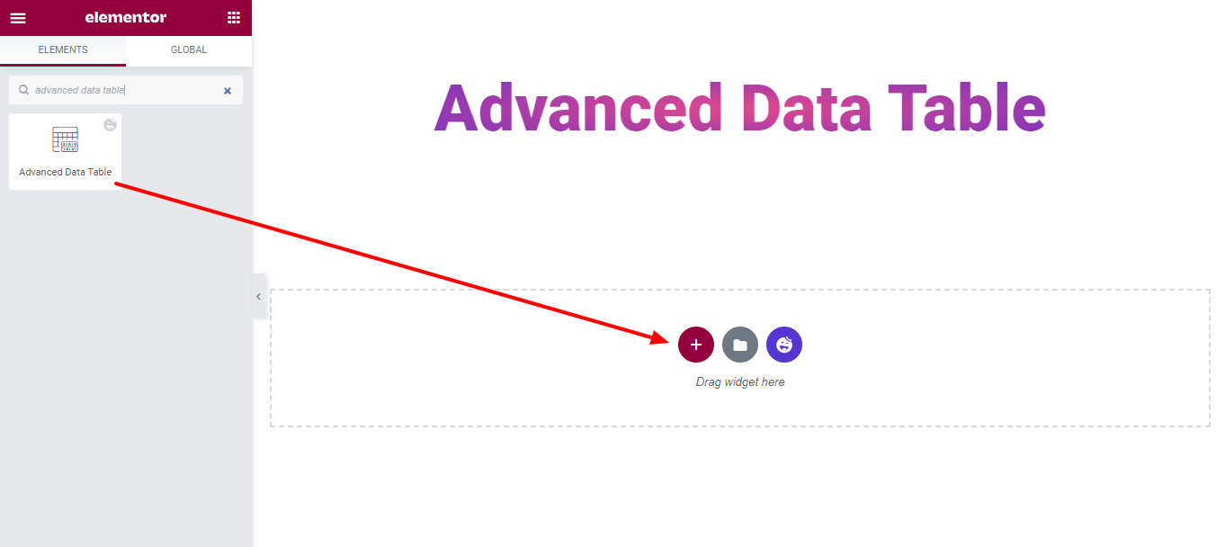 Elementor Webサイトで高度なデータテーブルウィジェットを使用する方法(5つの簡単なステップ)2 Add Happy Addons 'Advanced Data Table’ Widget to Your Web Page
