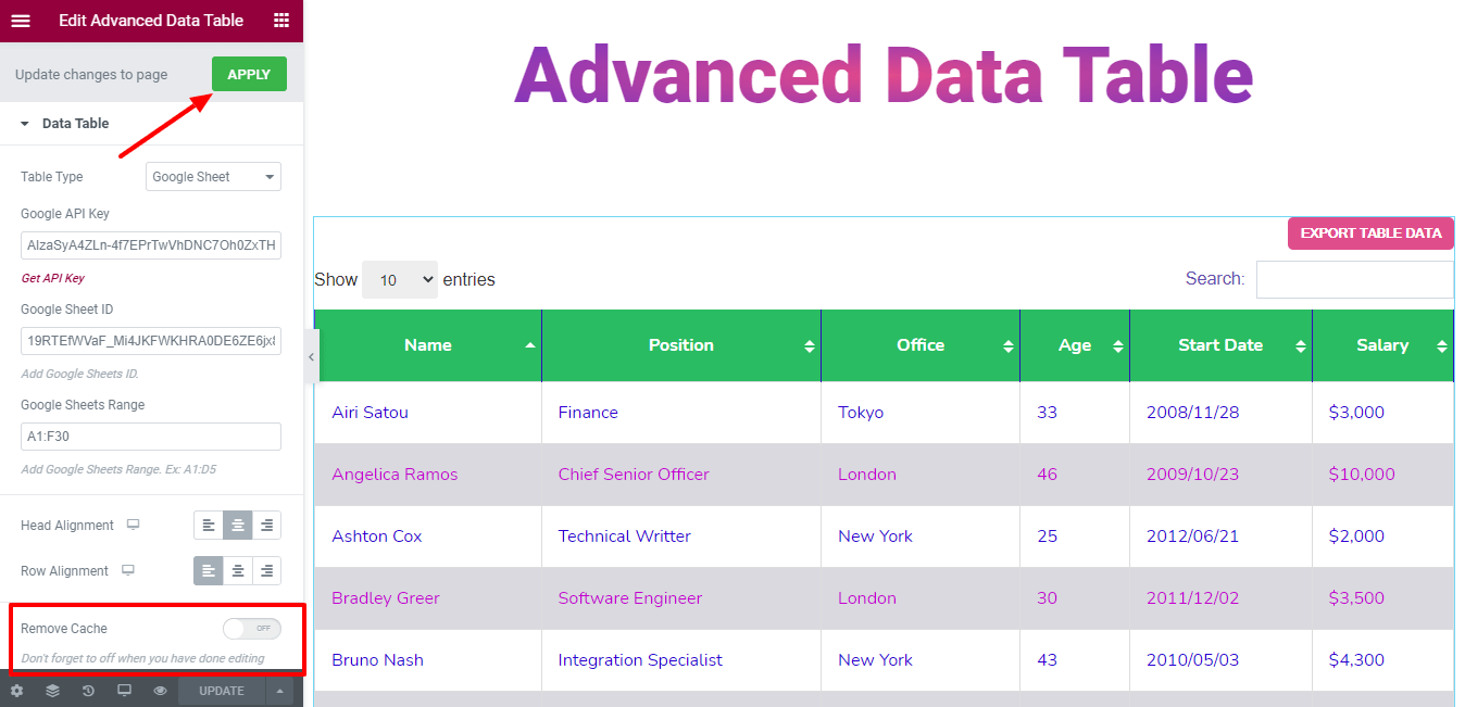Elementor Webサイトで高度なデータテーブルウィジェットを使用する方法(5つの簡単なステップ)9 Update Advanced Data Table Settings