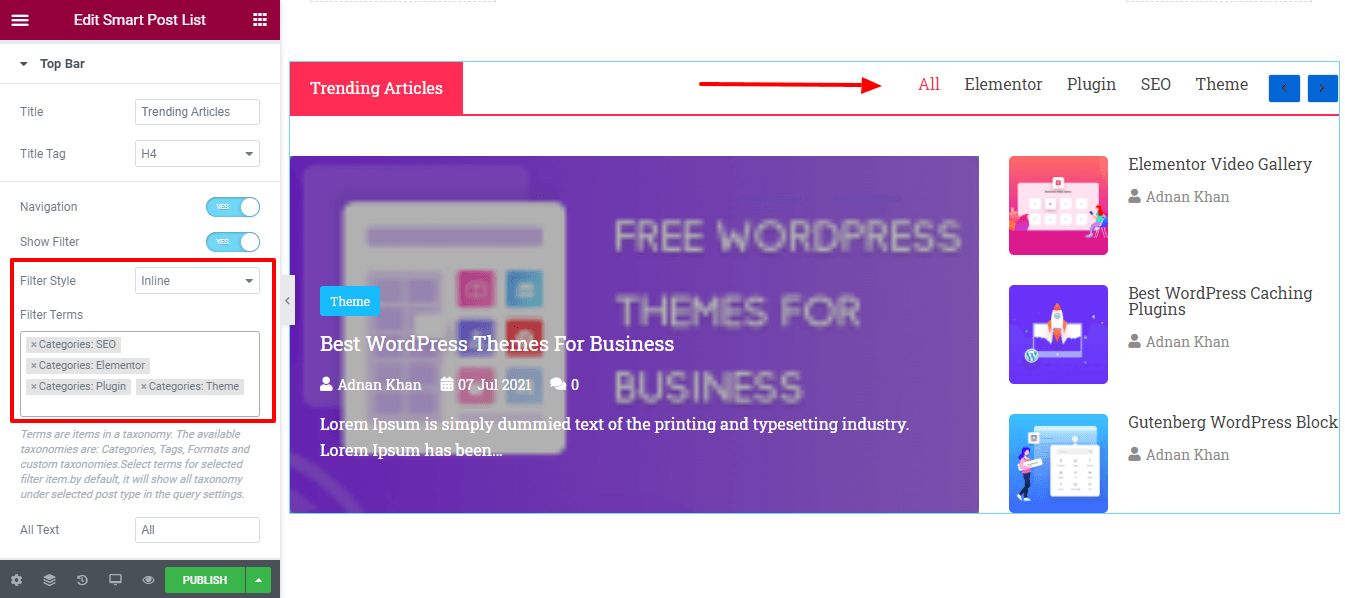 วิธีสร้างรายการโพสต์ในเว็บไซต์ Elementor โดยใช้วิดเจ็ตรายการโพสต์ Happy Smart 4 Content Top Bar Settings