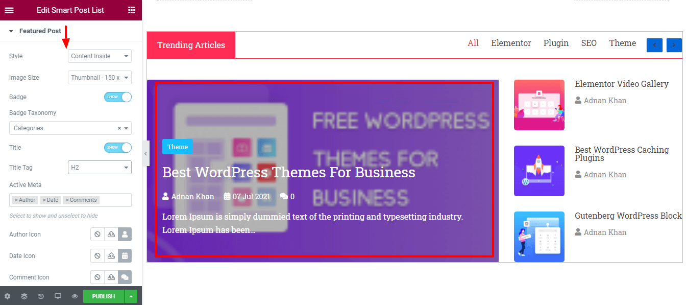 วิธีสร้างรายการโพสต์ในเว็บไซต์ Elementor โดยใช้วิดเจ็ตรายการโพสต์ Happy Smart 5 Content Featured Post Settings