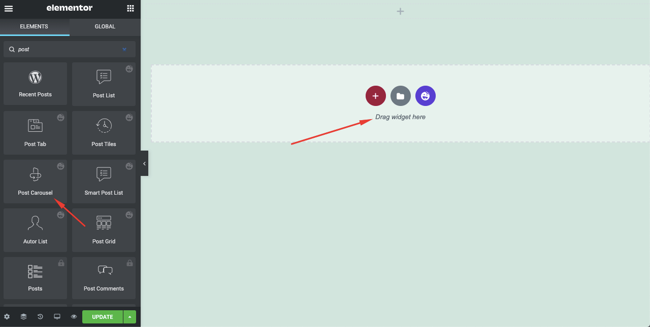 ElementorPostカルーセルを驚くべき方法で使用して最高の投稿を紹介する方法2 Drag n drop the widget Elementor post carousel