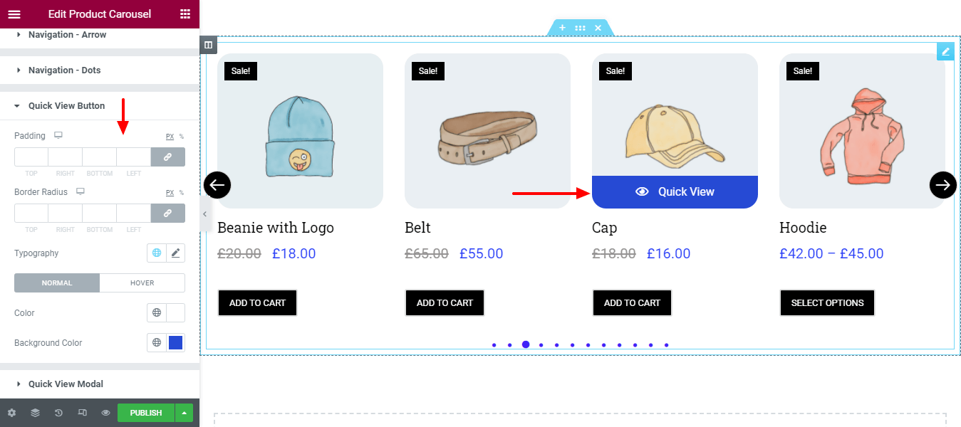 ElementorWebサイトでWooCommerce製品カルーセルウィジェットを使用して製品カルーセルを作成する16 Style Quick View Button