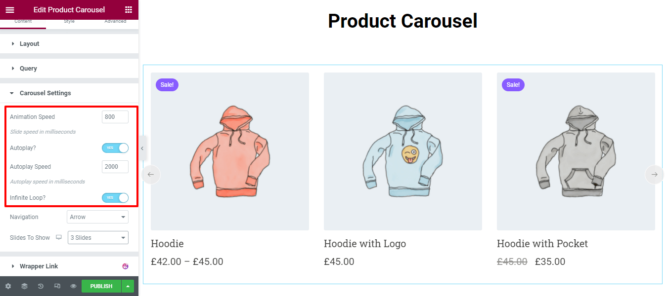 ElementorWebサイト6でWooCommerce製品カルーセルウィジェットを使用して製品カルーセルを作成する Content Carousel Settings