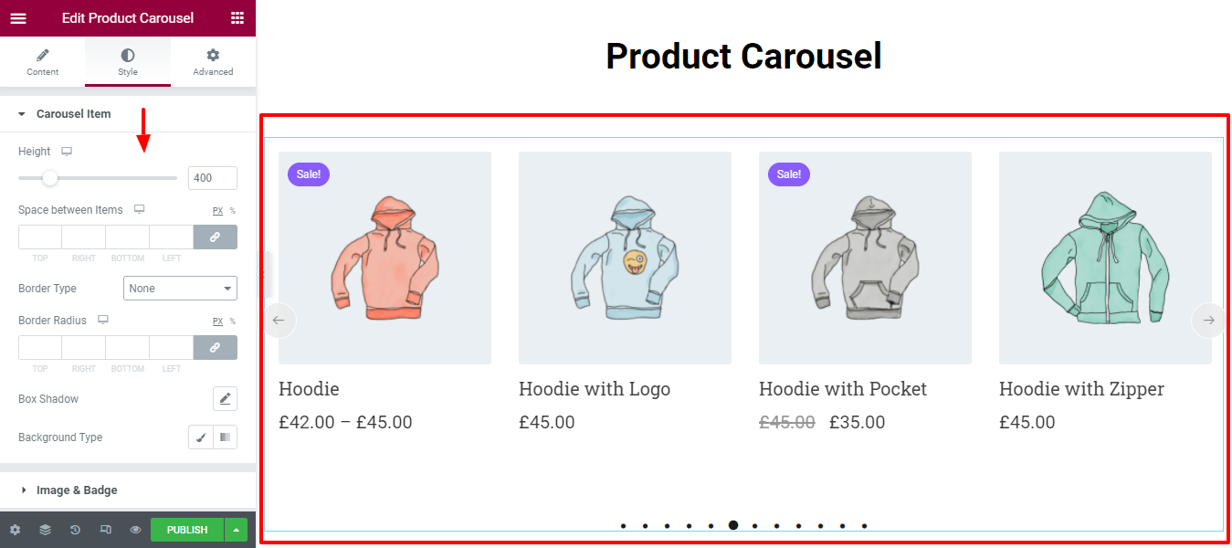 ElementorWebサイト9でWooCommerce製品カルーセルウィジェットを使用して製品カルーセルを作成する Style Carousel Items