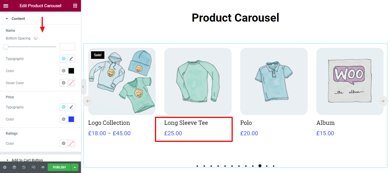 ElementorWebサイト12でWooCommerce製品カルーセルウィジェットを使用して製品カルーセルを作成する Style Content