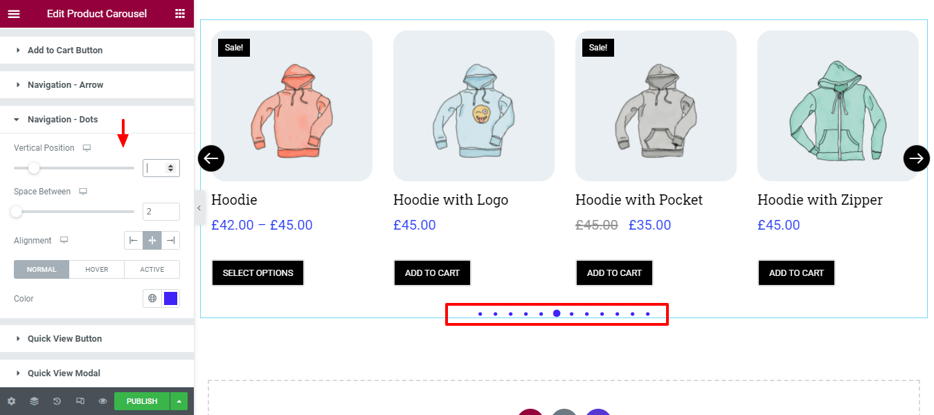 ElementorWebサイトでWooCommerce製品カルーセルウィジェットを使用して製品カルーセルを作成する15 Style Navigation Dots