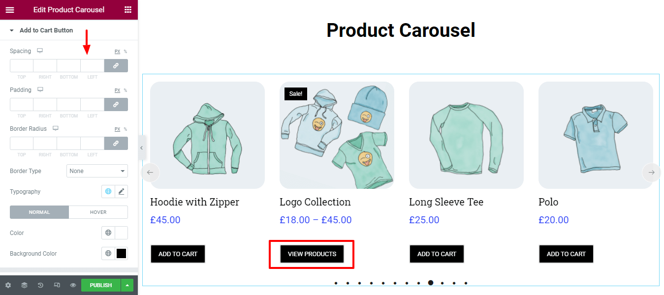 ElementorWebサイトでWooCommerce製品カルーセルウィジェットを使用して製品カルーセルを作成する13 Style Add to Cart Button