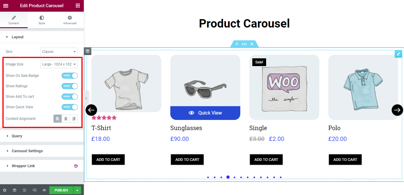 ElementorWebサイト4でWooCommerce製品カルーセルウィジェットを使用して製品カルーセルを作成する Layout Content