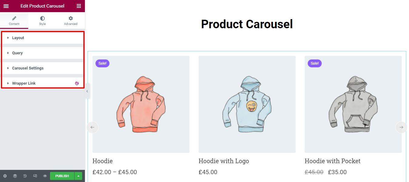 ElementorWebサイト2でWooCommerce製品カルーセルウィジェットを使用して製品カルーセルを作成する Content Product Carousel