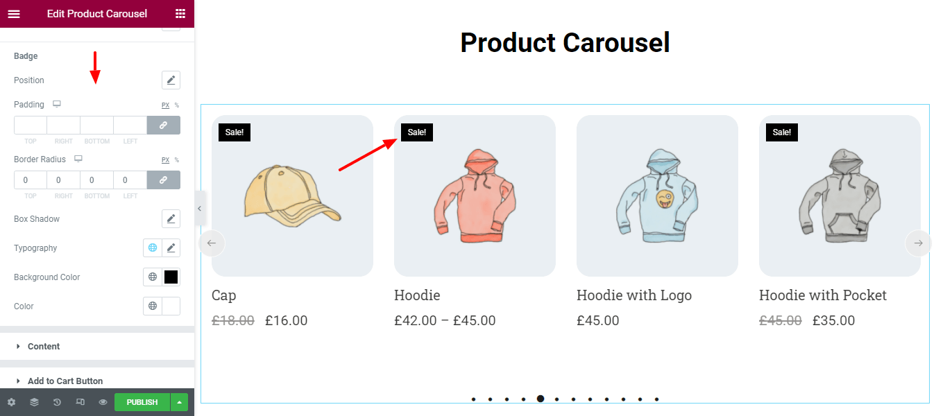 ElementorWebサイト11でWooCommerce製品カルーセルウィジェットを使用して製品カルーセルを作成する Style Carousel Badge