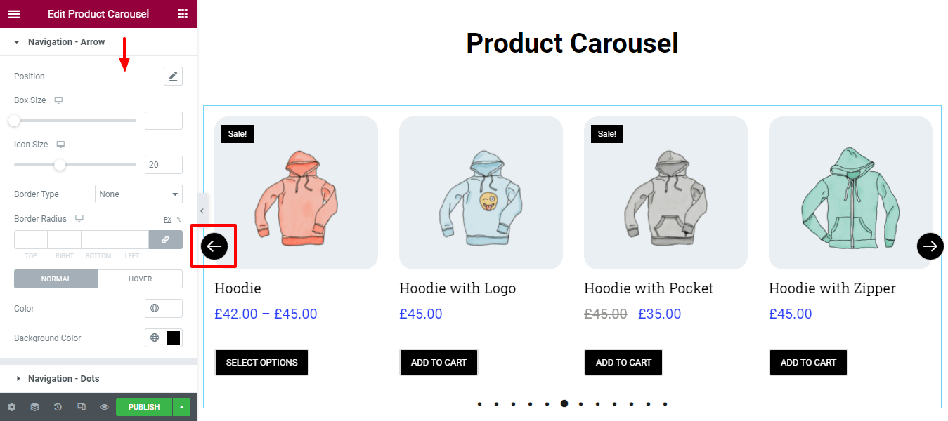 ElementorWebサイトでWooCommerce製品カルーセルウィジェットを使用して製品カルーセルを作成する14 Style Navigation Arrow
