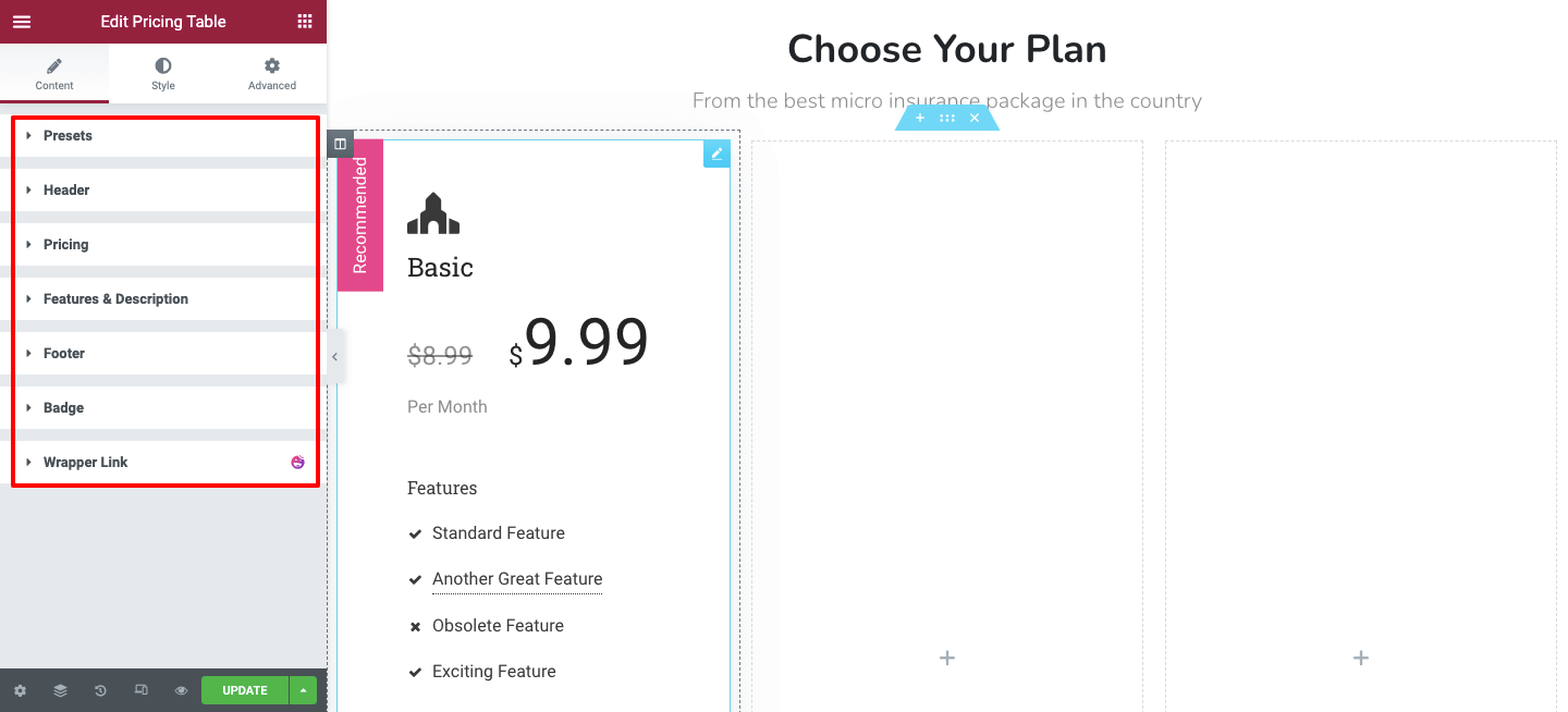 Cree una tabla de precios en su sitio web de Elementor usando Happy Addons 3 Content of Pricing Table widget