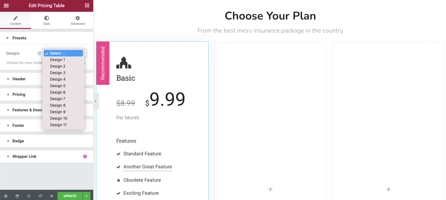 Cree una tabla de precios en su sitio web de Elementor usando Happy Addons 4 Presets design