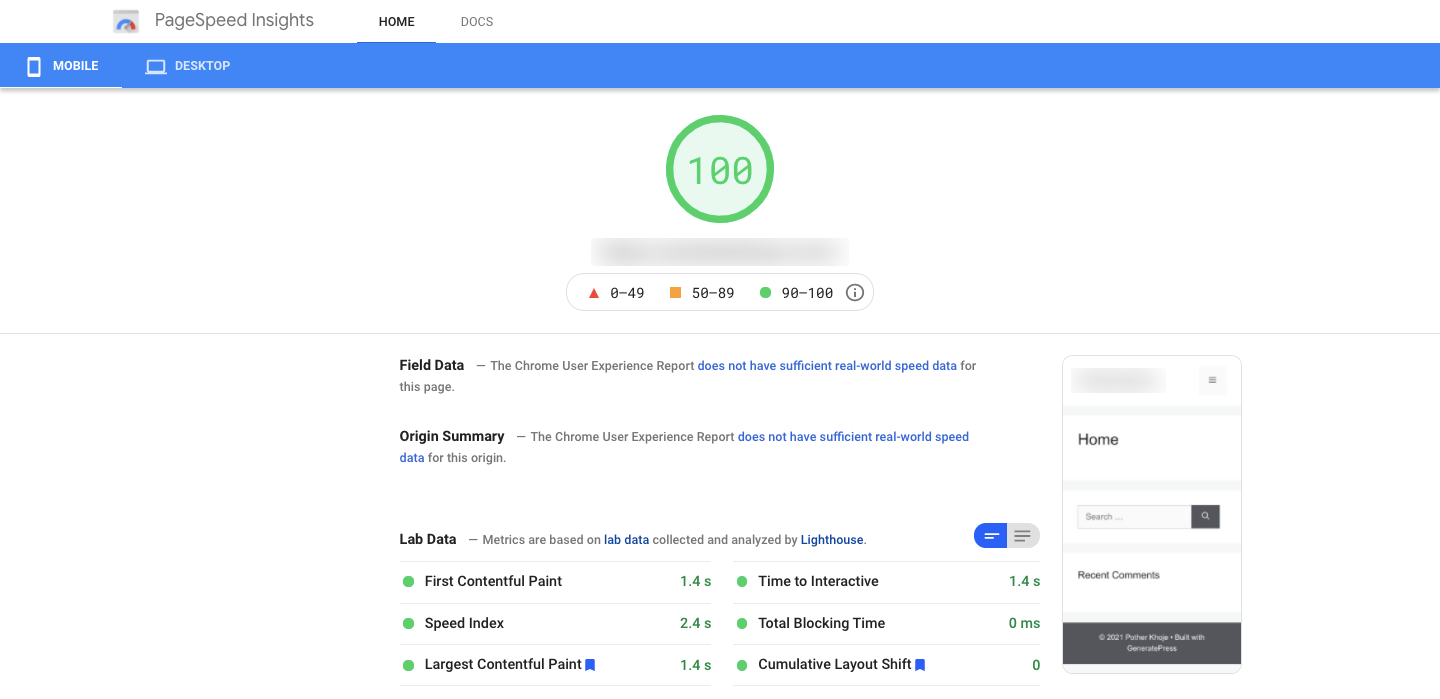 مراجعة صادقة لموضوع Elementor Hello: إيجابيات ، التسعير ، اختبار السرعة ، البرنامج التعليمي والمزيد 7 PageSpeed using GeneratePress