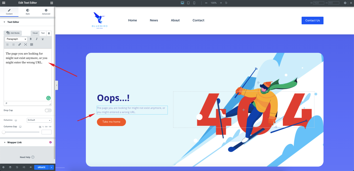 Elementor 16을 사용하여 WordPress 사이트에 대한 사용자 지정 404 페이지를 만드는 방법 Elementor Text Editor